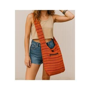 Snowlion Tibetan Shoulder Sling Bag Orange Woven Striped Woodstock Festival 70s